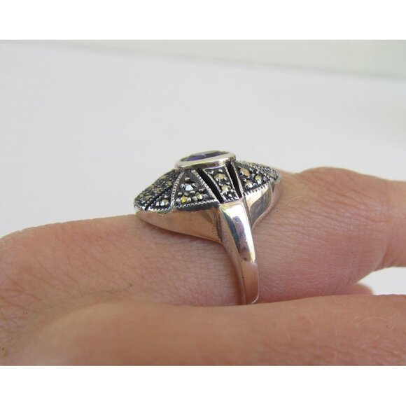 Vintage amethyst sterling silver ring sz 6.75 marcasite art deco engagement ring - Picture 6 of 9